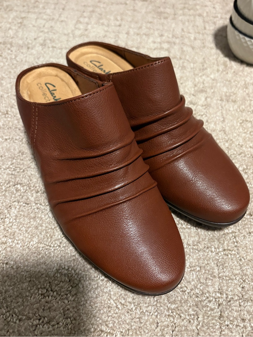 Clarks Collection Ruched Leather Heeled Mules-Emily Charm-Dark Tan-8.5M